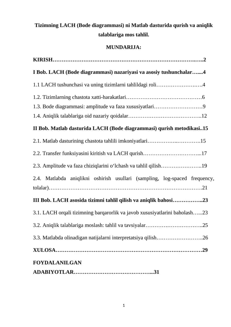 LACH (Bode diagrammasi) ni Matlab dasturida qurish