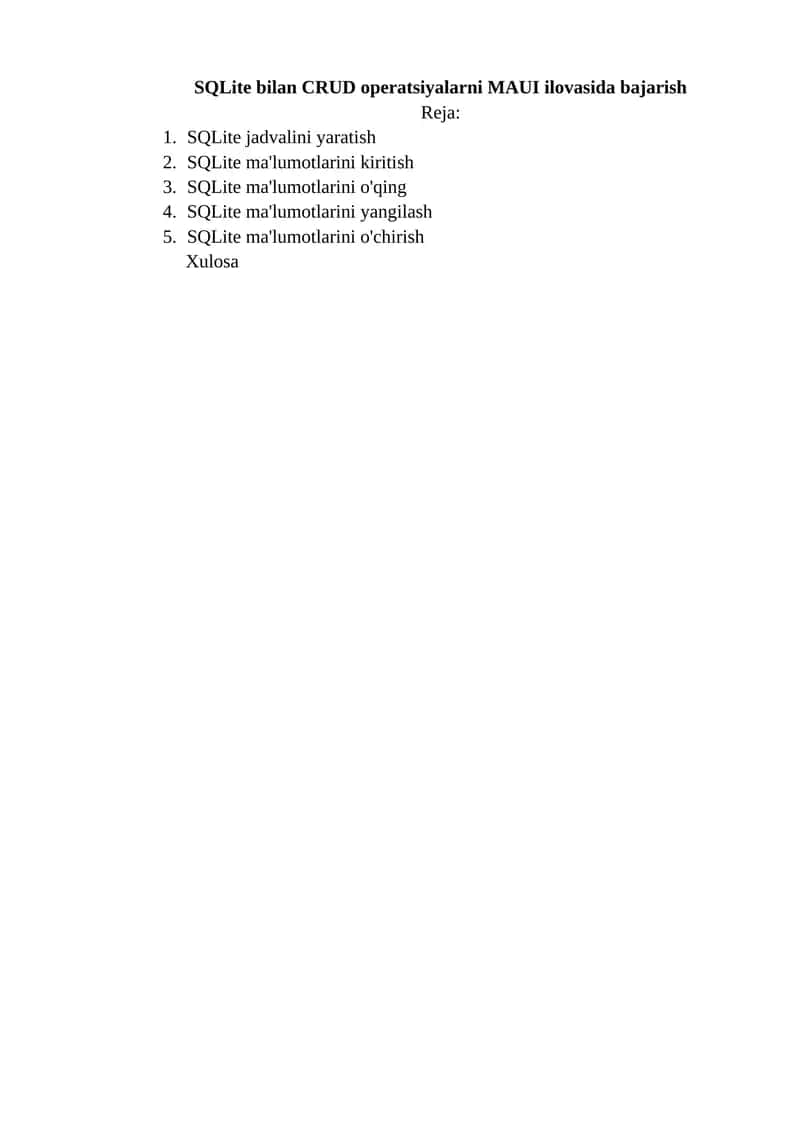 SQLite bilan CRUD operatsiyalarni MAUI ilovasida bajarish