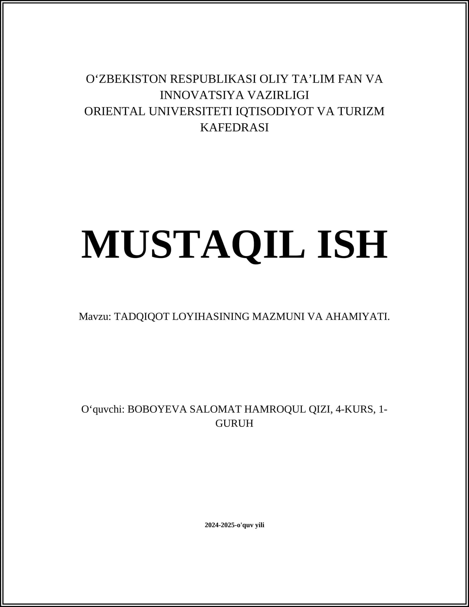 Tadqiqot loyihasining mazmuni va ahmiyati