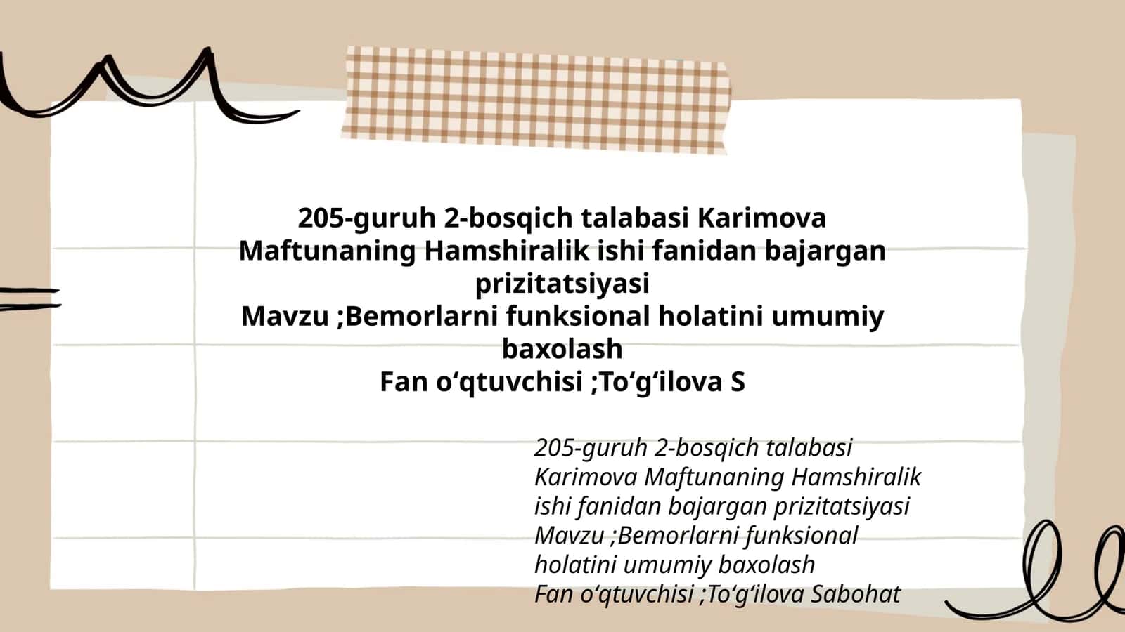 Bemorlarni funksional holatini umumiy baxolash