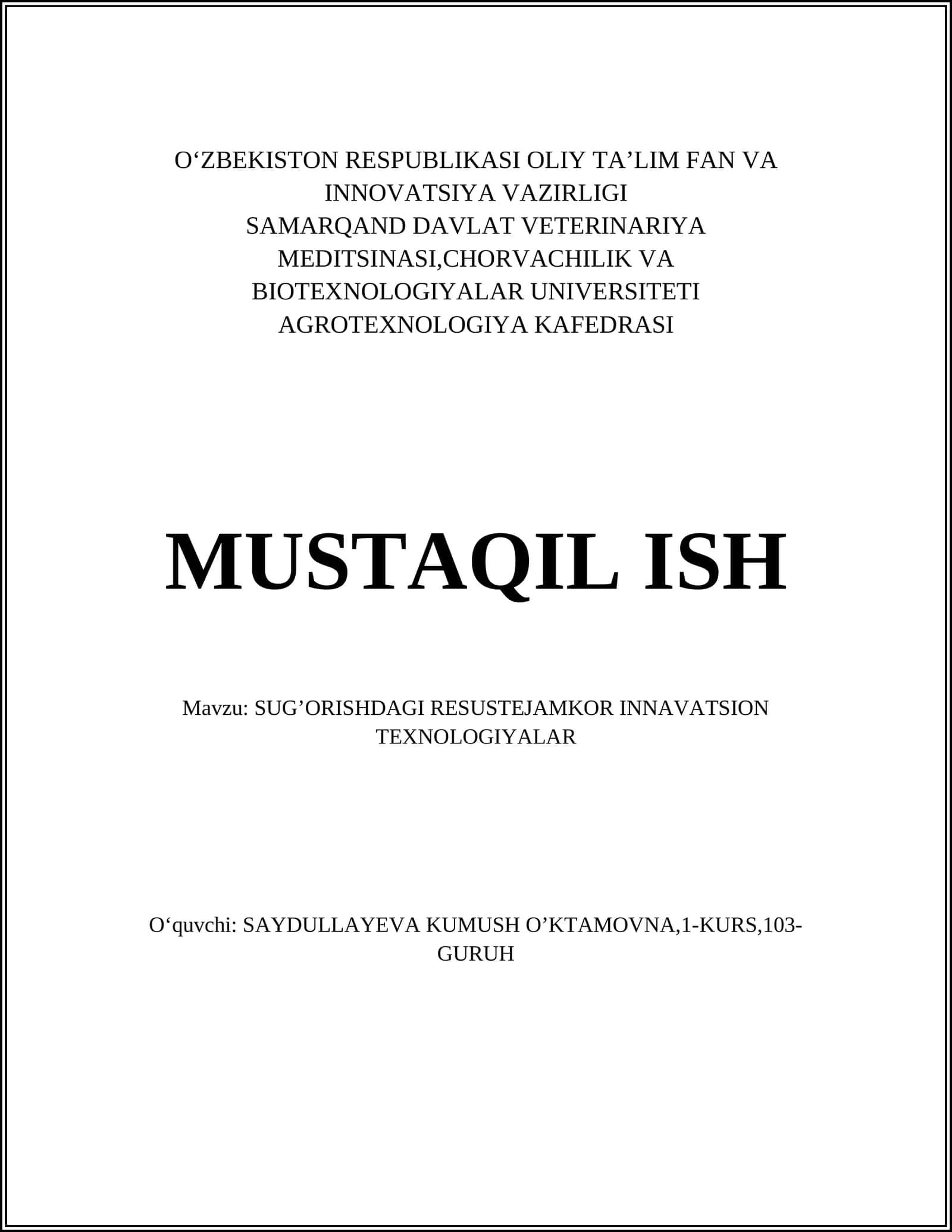 SUG’ORISHDAGI RESUSTEJAMKOR INNAVATSION TEXNOLOGIYALAR