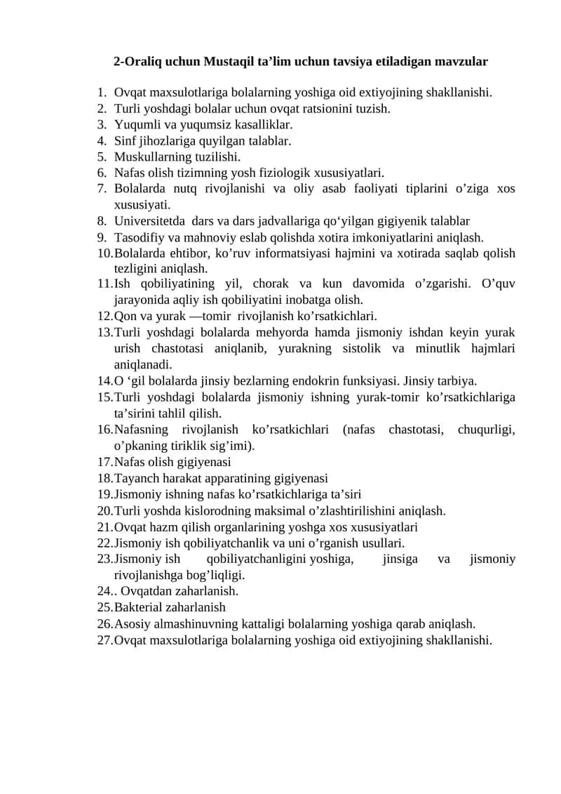 2-Oraliq uchun Mustaqil ta’lim uchun tavsiya etiladigan mavzular