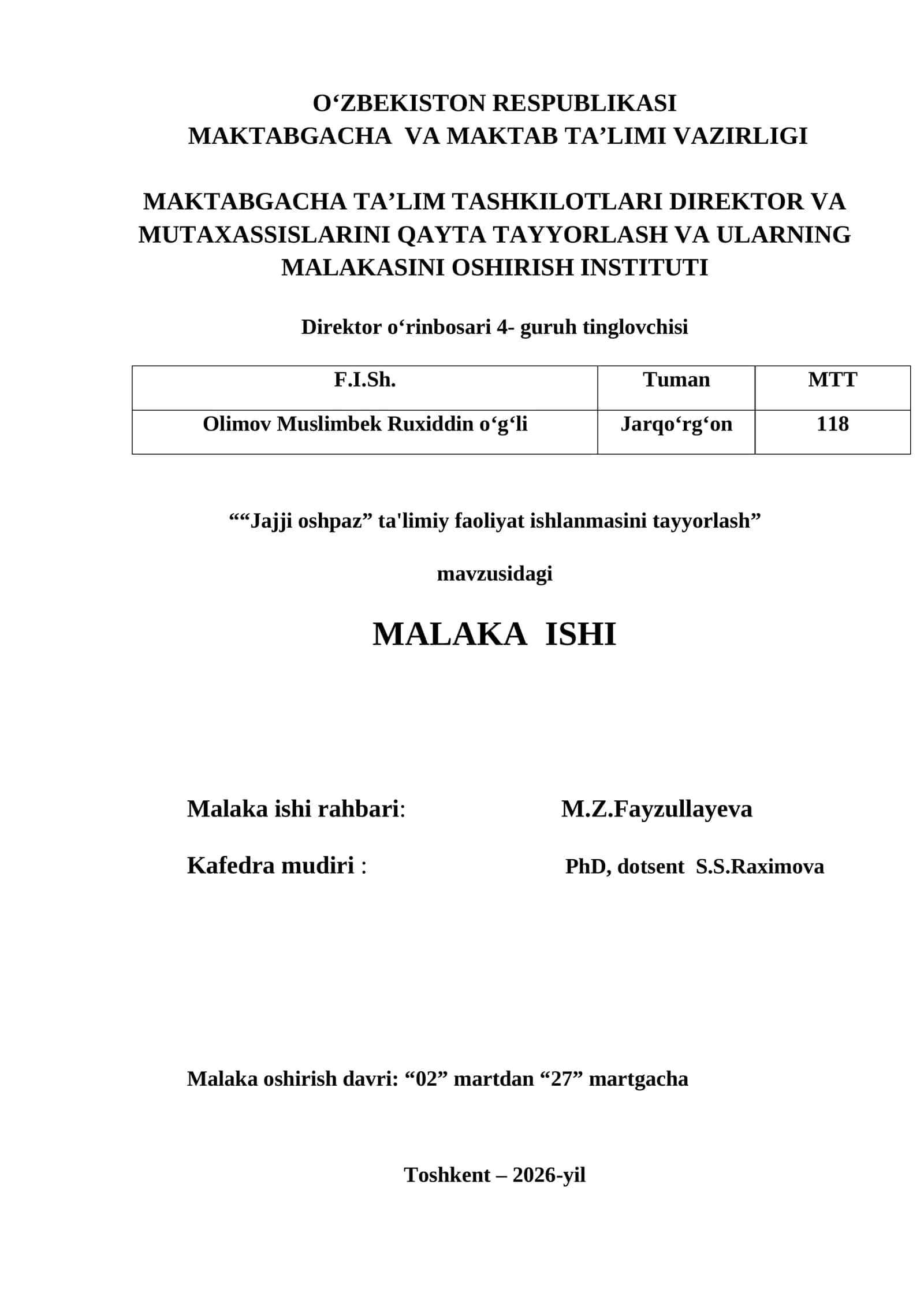"Jajji oshpaz" ta'limiy faoliyat ishlanmasini tayyorlash