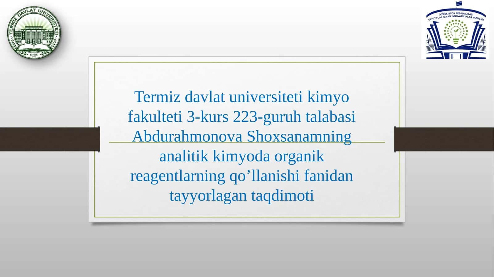 Abdurahmonova Shoxsanamning analitik kimyo da organik reagentlarning qo’llanishi fanidan tayyorlagan taqdimot