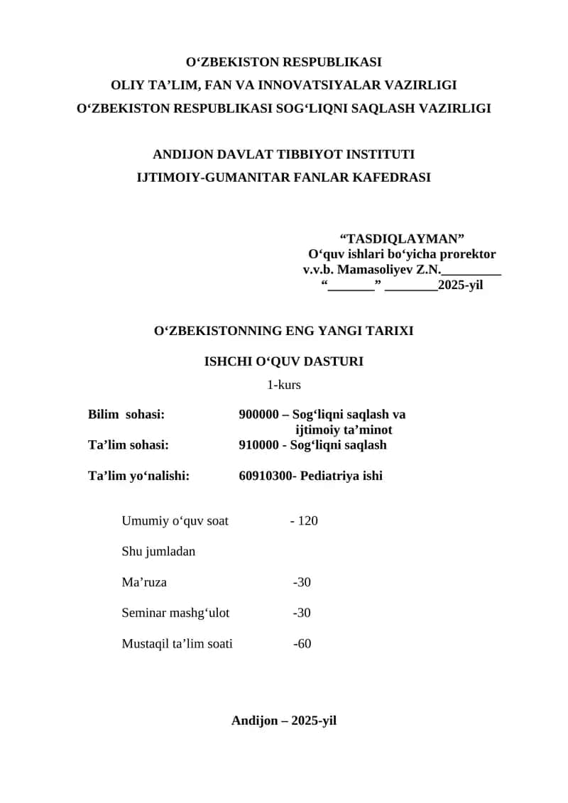 O‘zbekistonning eng yangi tarixi ISHCHI O‘QUV DASTURI