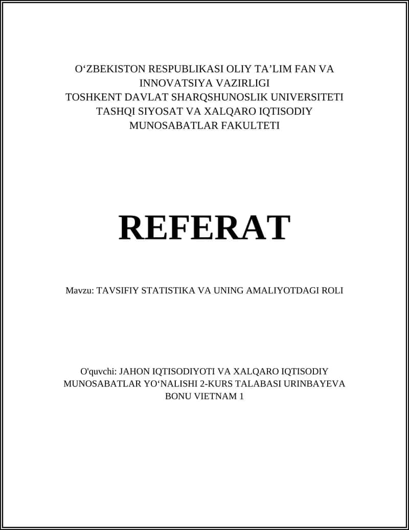 TAVSIFIY STATISTIKA VA UNING AMALIYOTDAGI ROLI