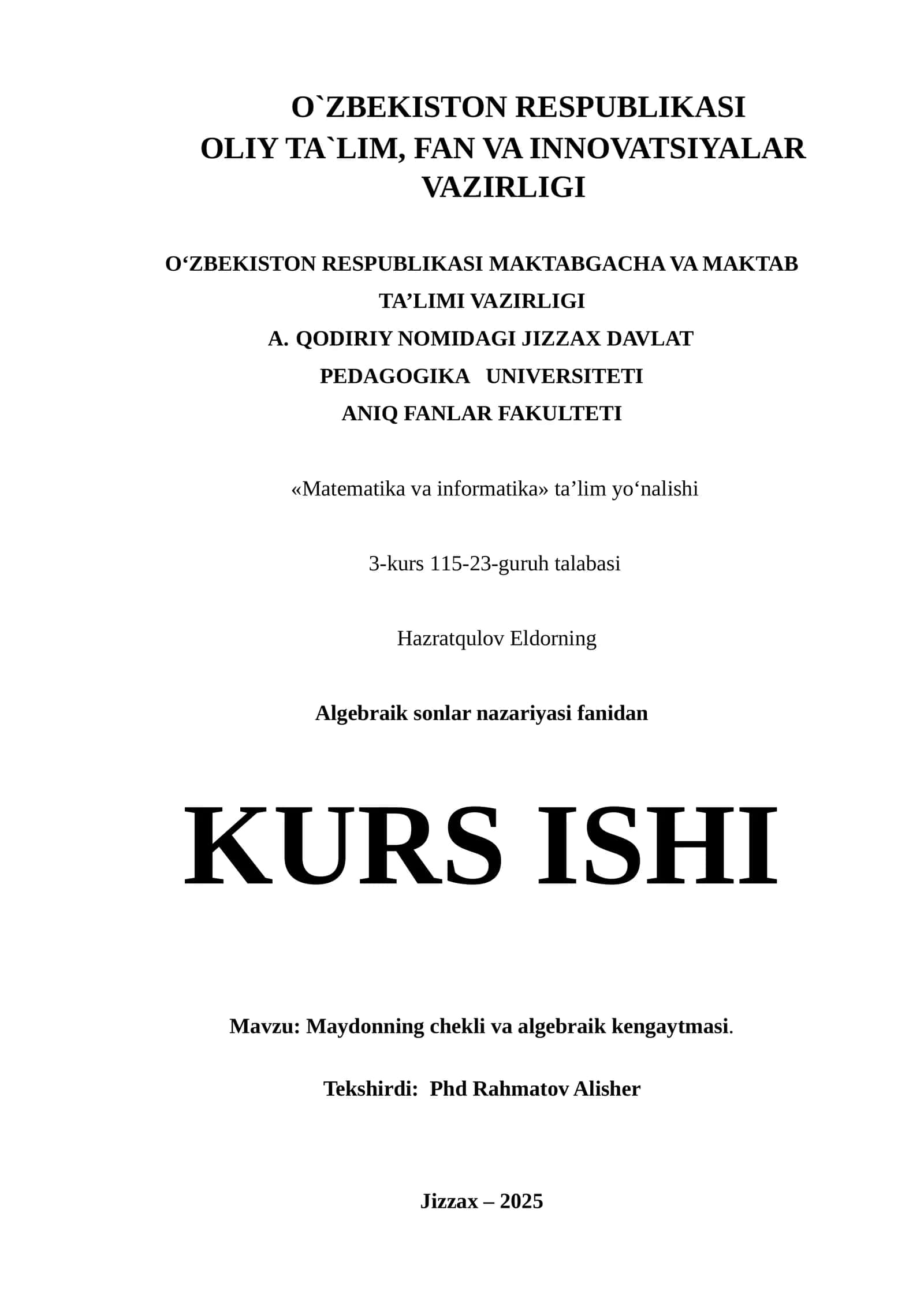 Maydonning chekli va algebraik kengaytmasi