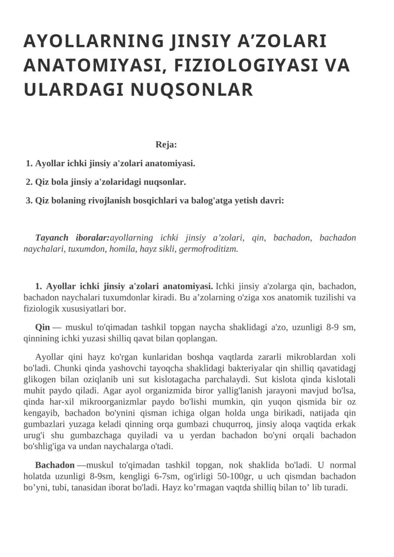 Ayollar ichki jinsiy a'zolari anatomiyasi