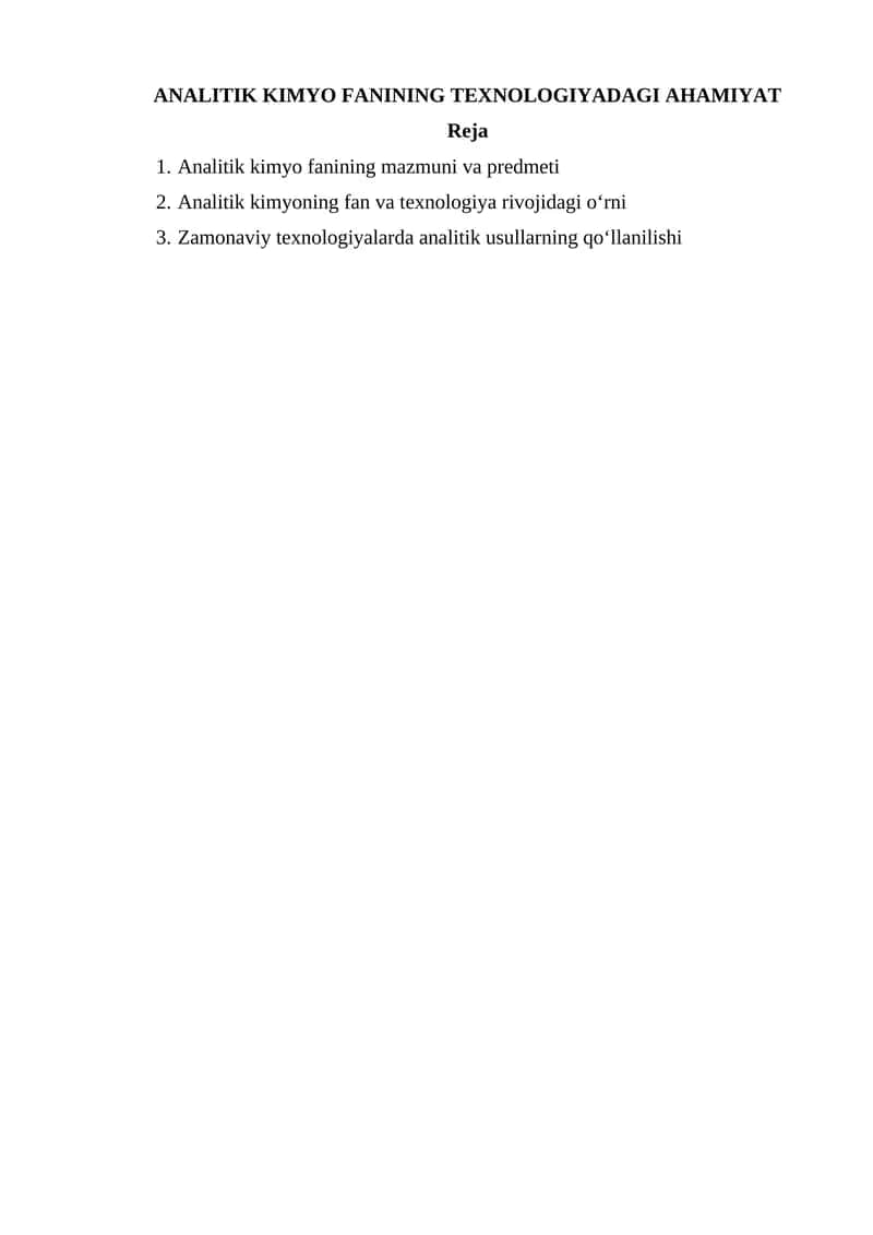 ANALITIK KIMYO FANINING TEXNOLOGIYADAGI AHAMIYAT