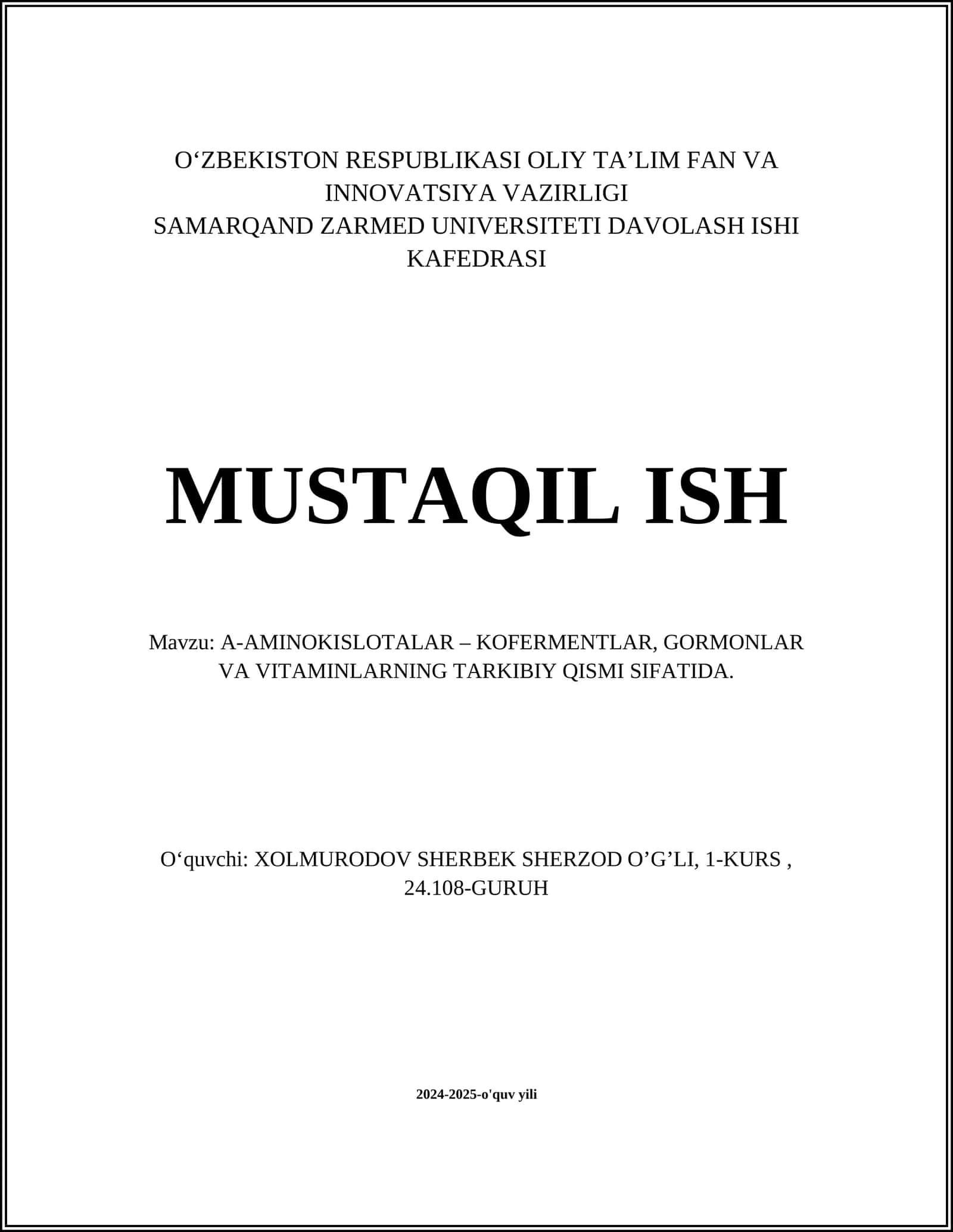 Α-AMINOKISLOTALAR – KOFERMENTLAR, GORMONLAR VA VITAMINLARNING TARKIBIY QISMI SIFATIDA