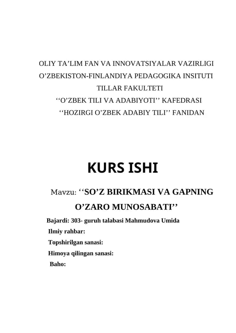 Kurs ishi "SO’Z BIRIKMASI VA GAPNING O’ZARO MUNOSABATI"