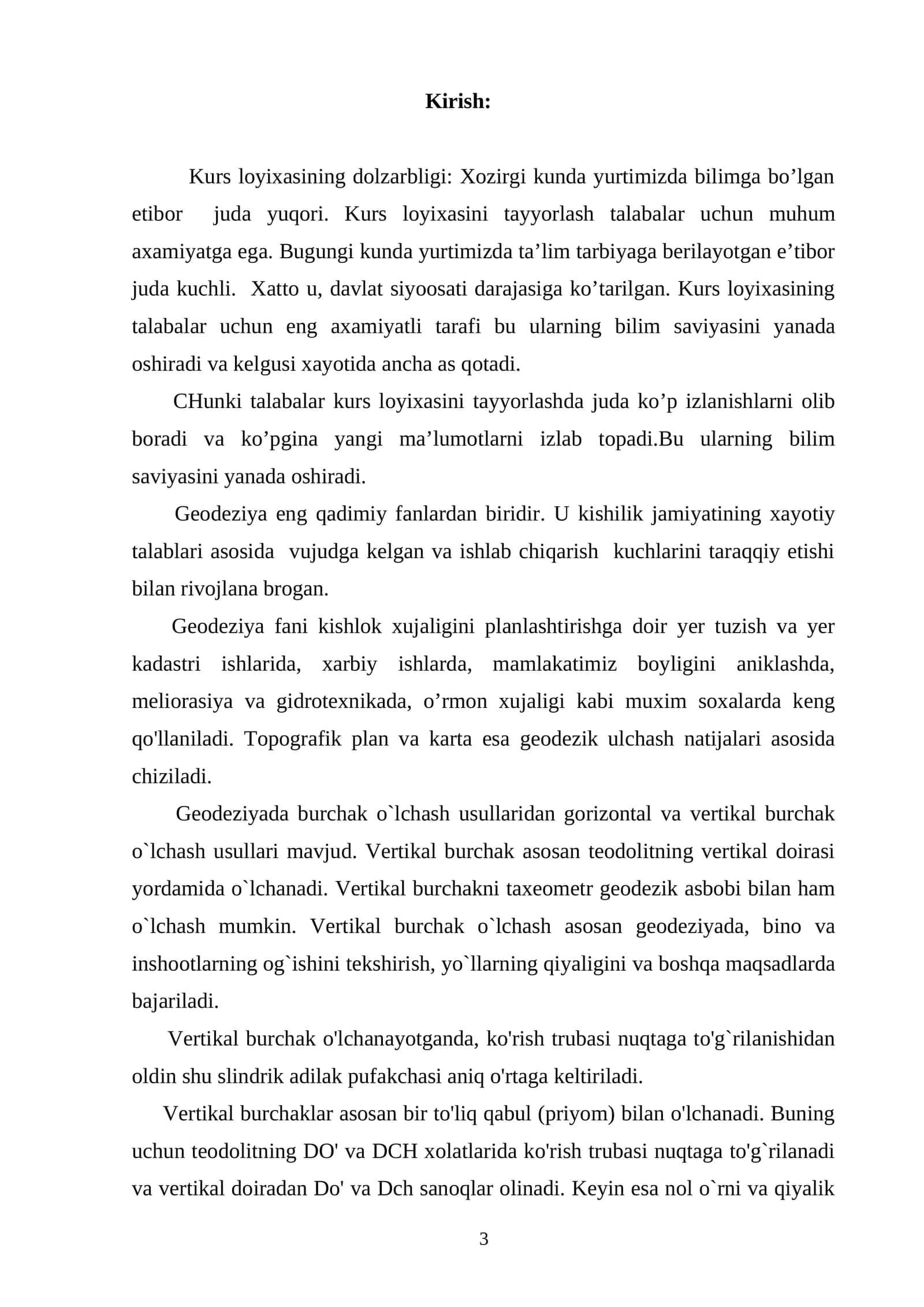 Geodeziya fanining kurs loyihasi