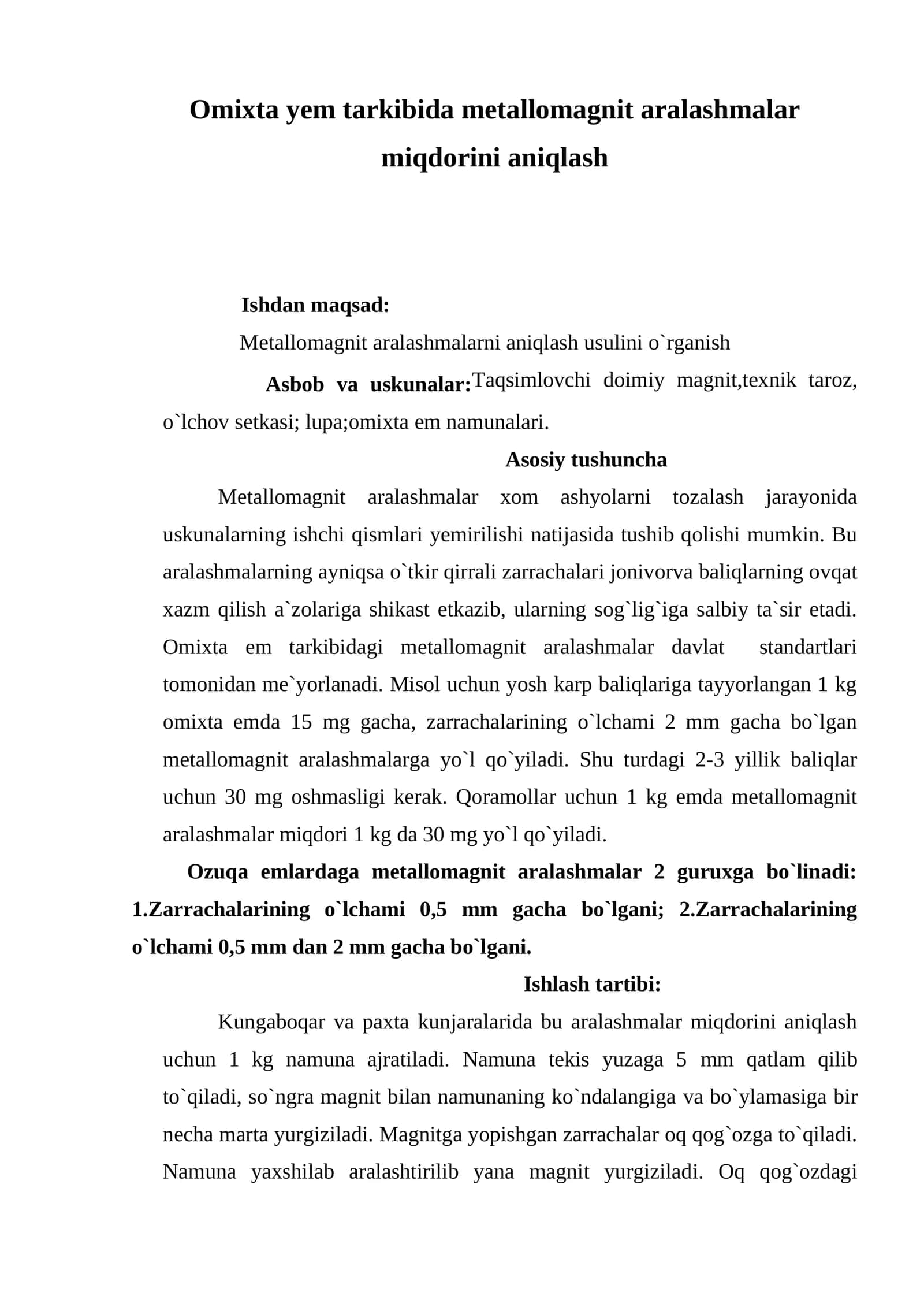 Omixta yem tarkibida metallomagnit aralashmalar miqdorini aniqlash
