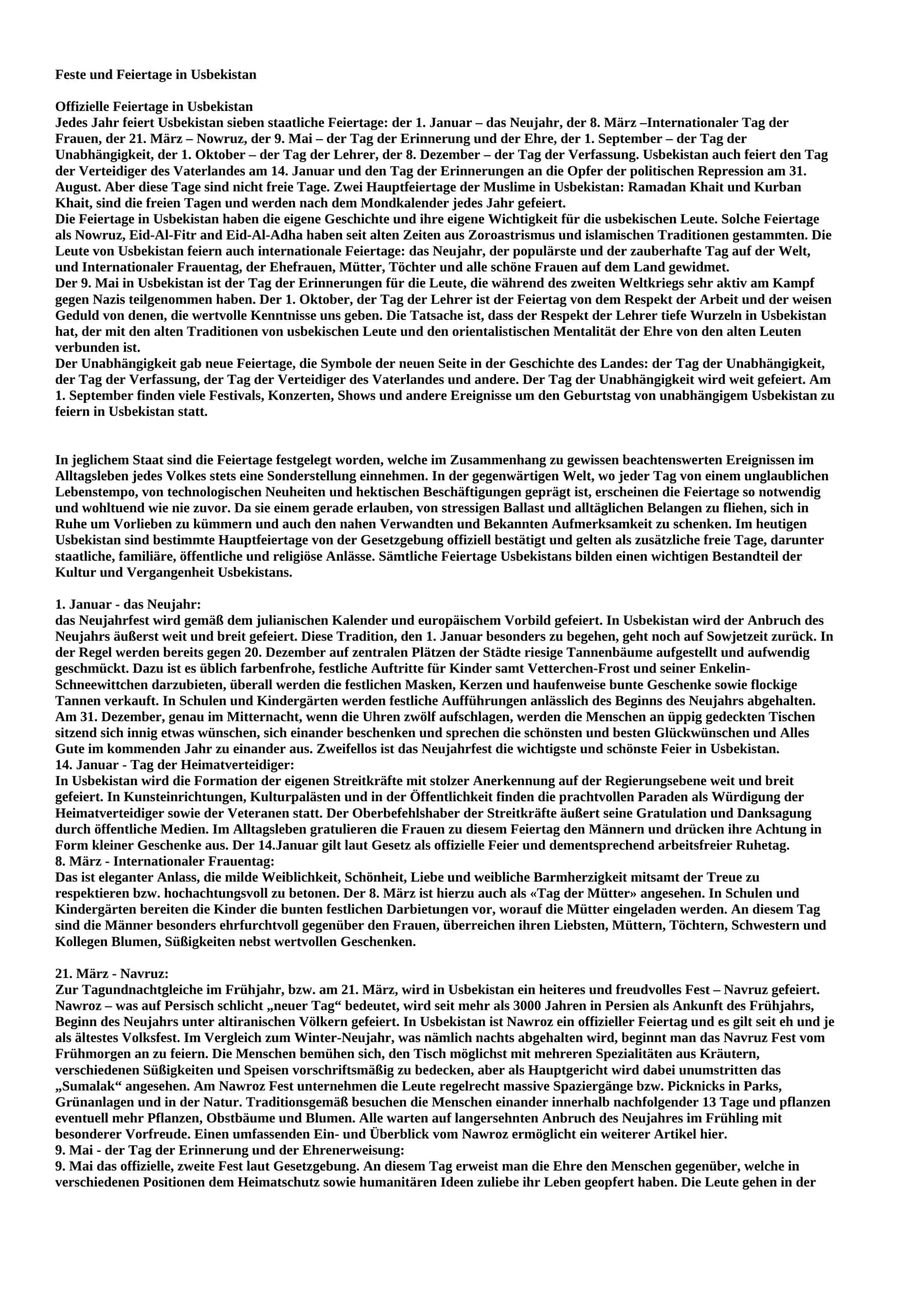 Feste und Feiertage in Usbekistan
