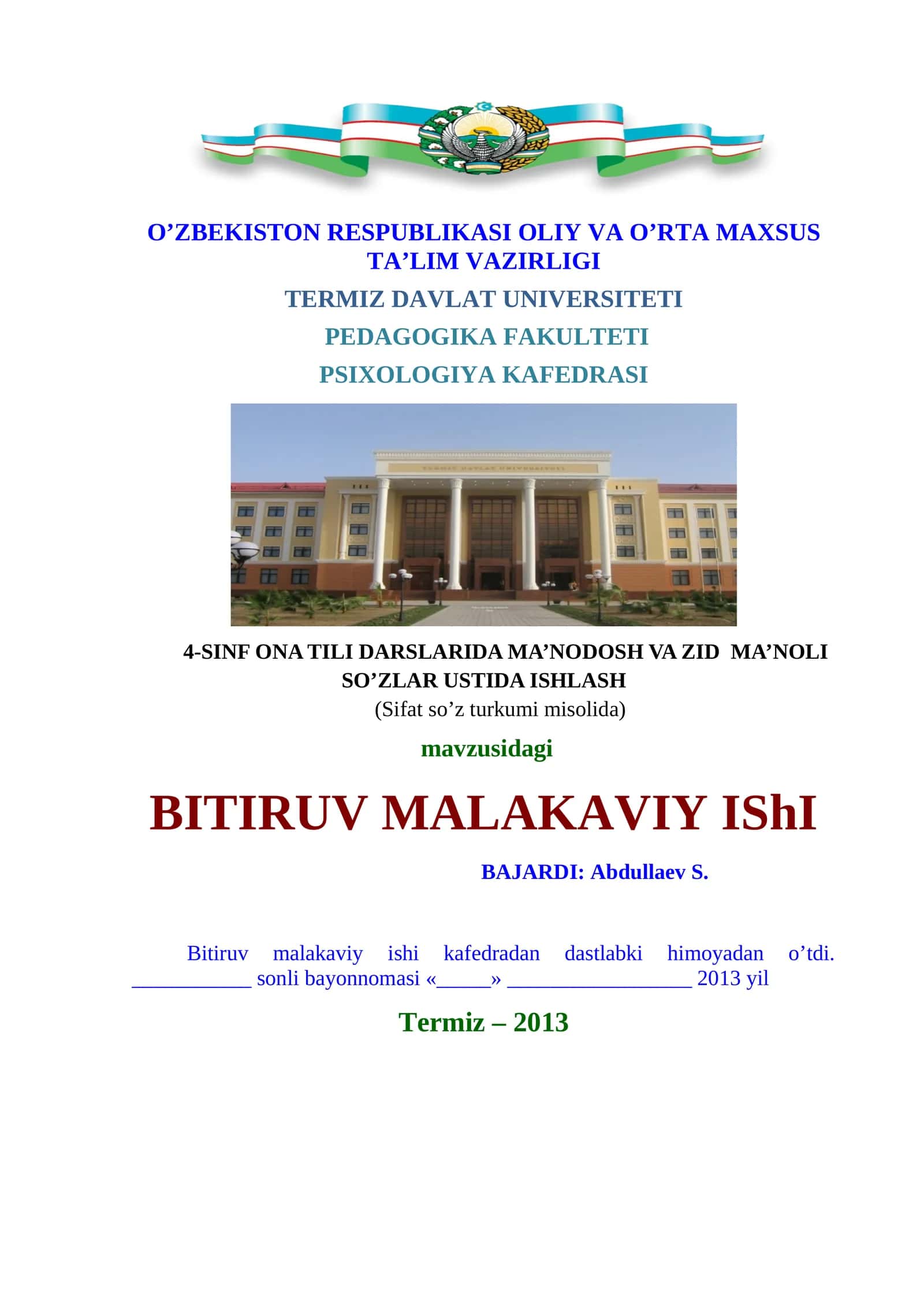 4-SINF ONA TILI DARSLARIDA MA’NODOSH VA ZID MA’NOLI SO’ZLAR USTIDA ISHLASH