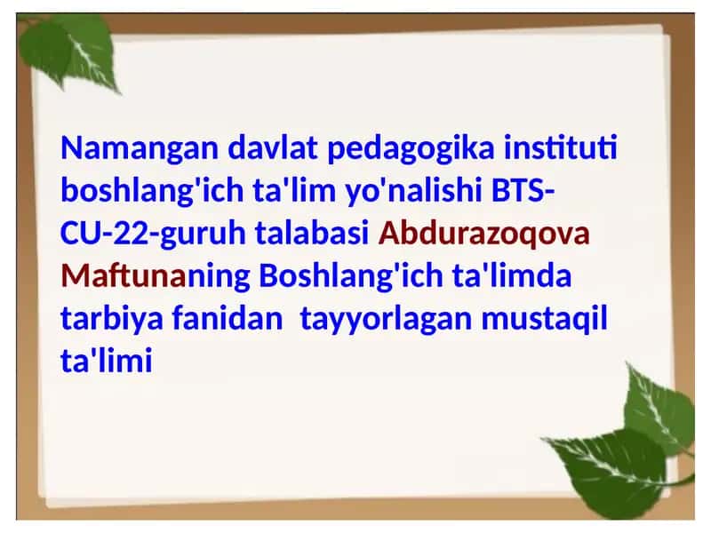 Tarbiya fanini o'qitishda tarbiya treninglari asosida faoliyatini tashkil etish