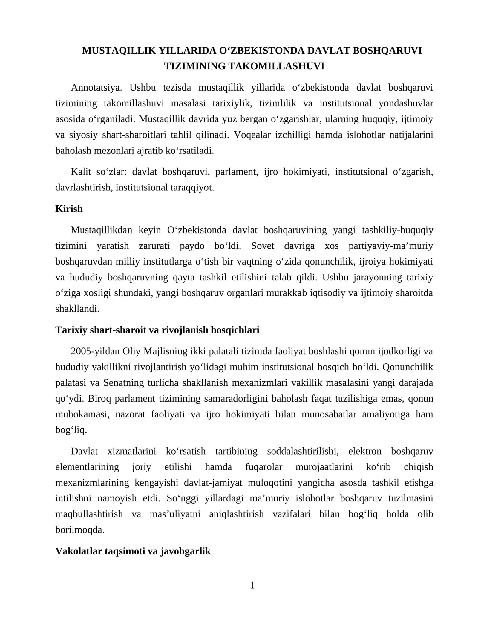 MUSTAQILLIK YILLARIDA O‘ZBEKISTONDA DAVLAT BOSHQARUVI TIZIMINING TAKOMILLASHUVI