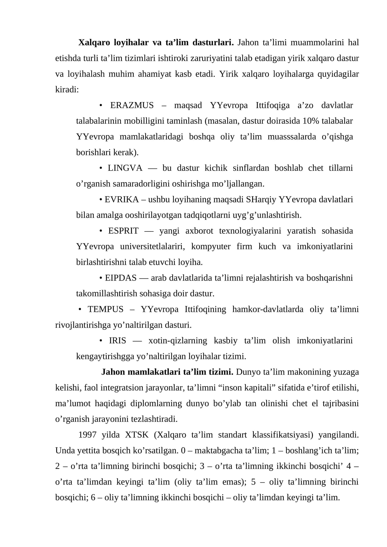 Xalqaro loyihalar va ta'lim dasturlari