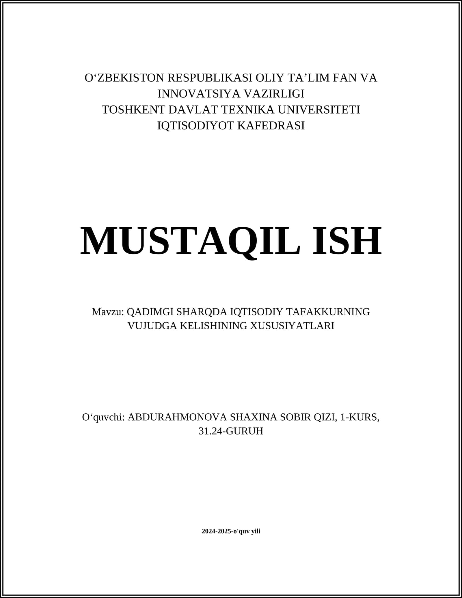 QADIMGI SHARQDA IQTISODIY TAFAKKURNING VUJUDGA KELISHINING XUSUSIYATLARI