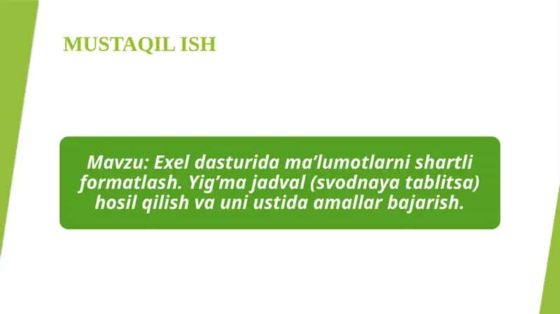 Exel dasturida ma’lumotlarni shartli formatlash. Yig’ma jadval (svodnaya tablitsa) hosil qilish va uni ustida amallar bajarish