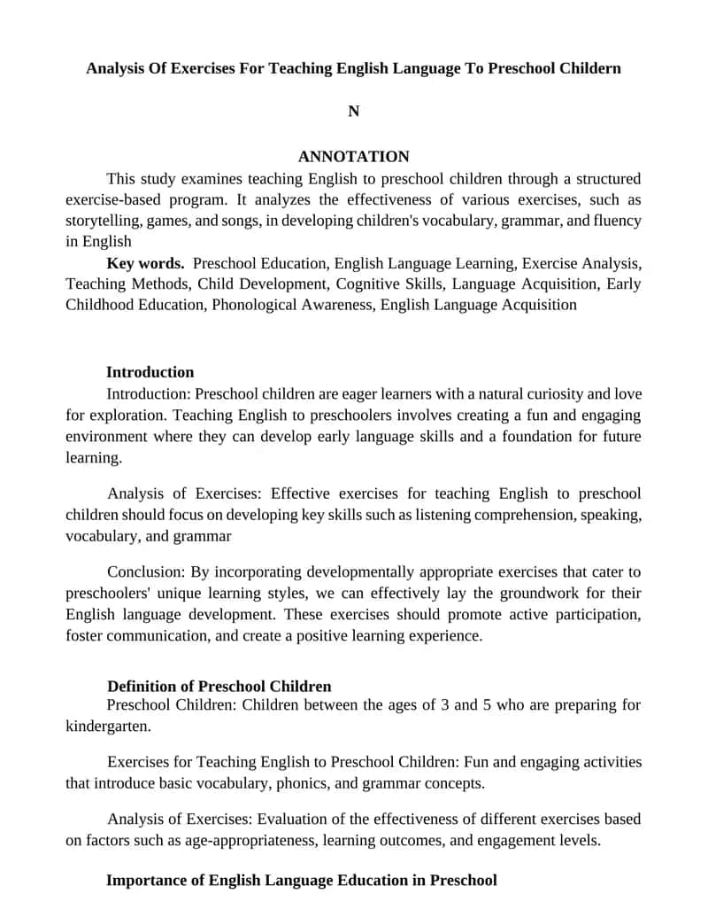 Analysis Of Exercises For Teaching English Language To Preschool Children
