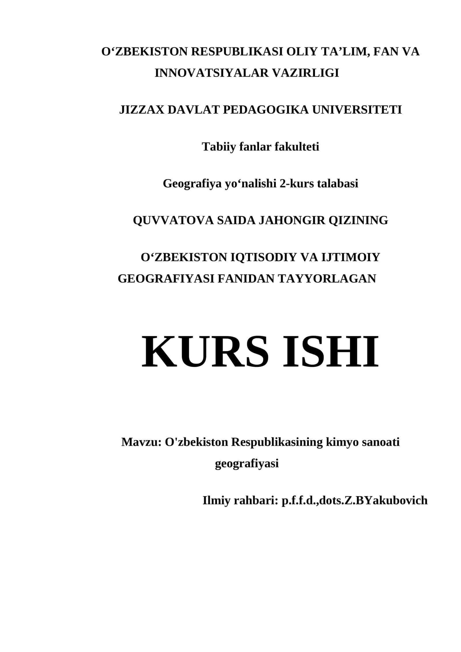 O'zbekiston Respublikasining kimyo sanoati geografiyasi kurs ishi