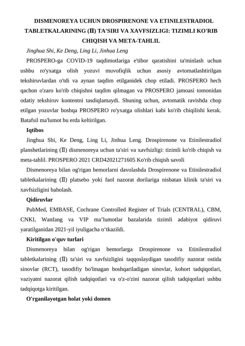 Drospirenone va Etinilestradiol tabletkalarining (Ⅱ) ta'siri va xavfsizligi