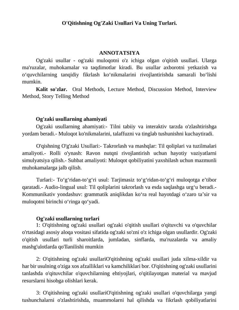 O'Qitishning Og'Zaki Usullari Va Uning Turlari