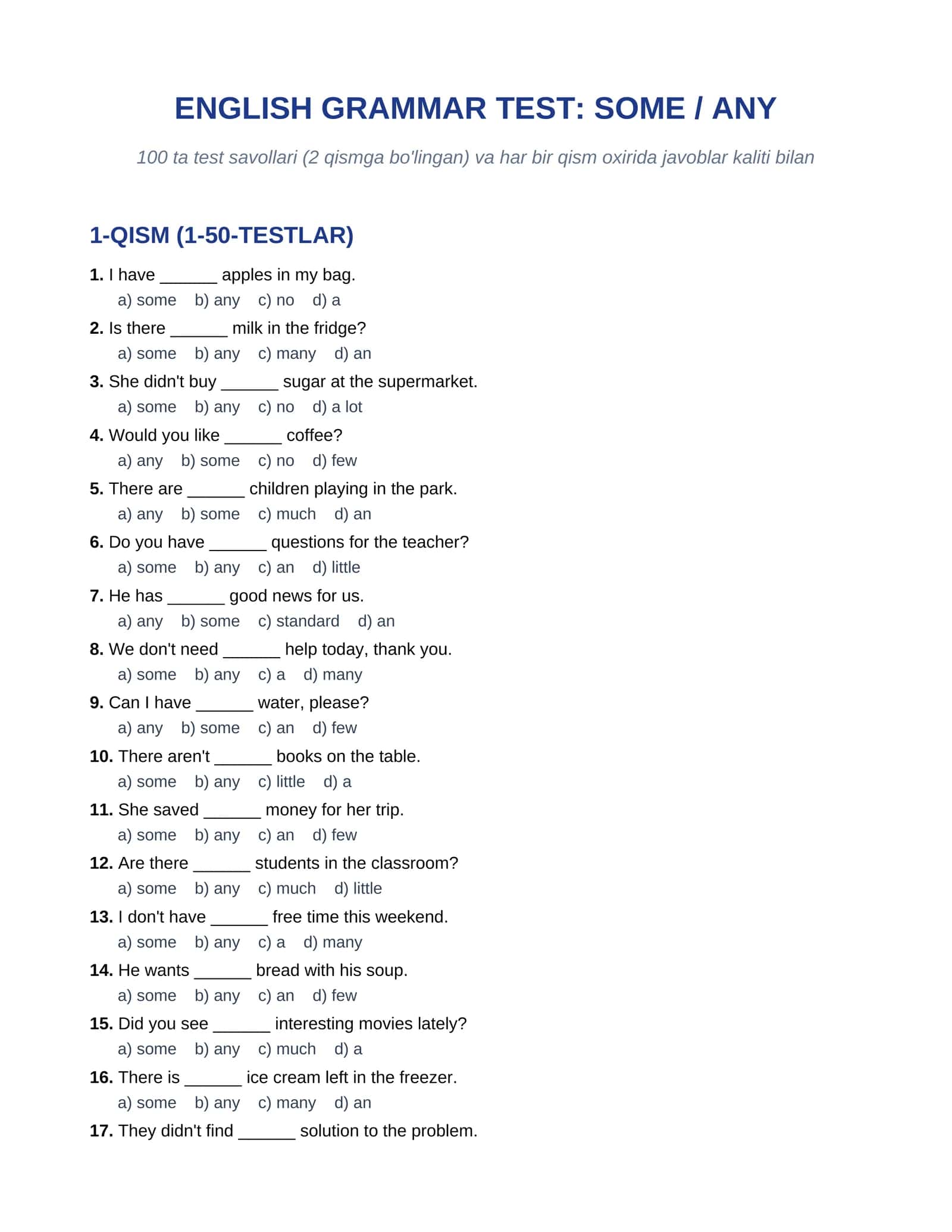 ENGLISH GRAMMAR TEST: SOME / ANY  100 talik test javoblari bilan