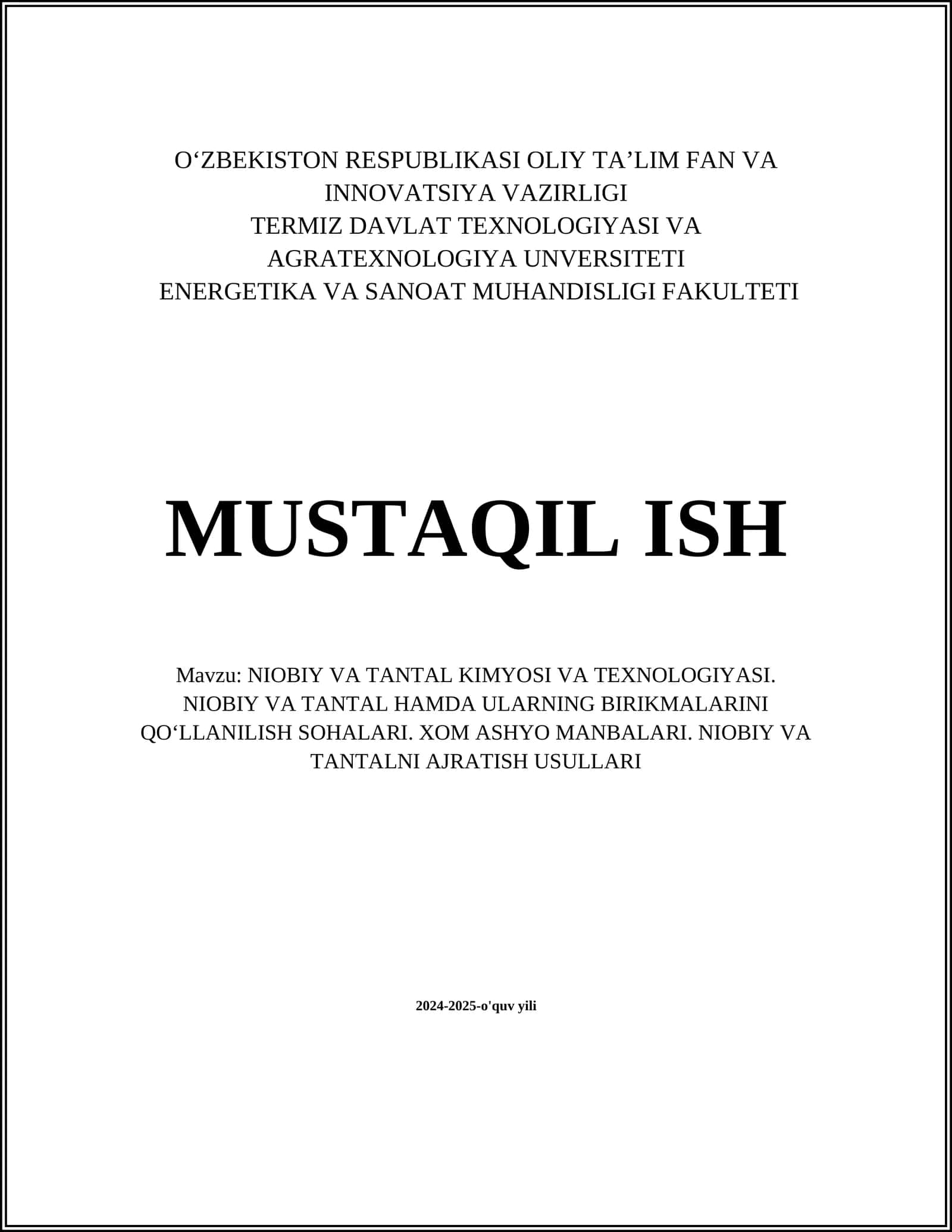 NIOBIY VA TANTAL KIMYOSI VA TEXNOLOGIYASI