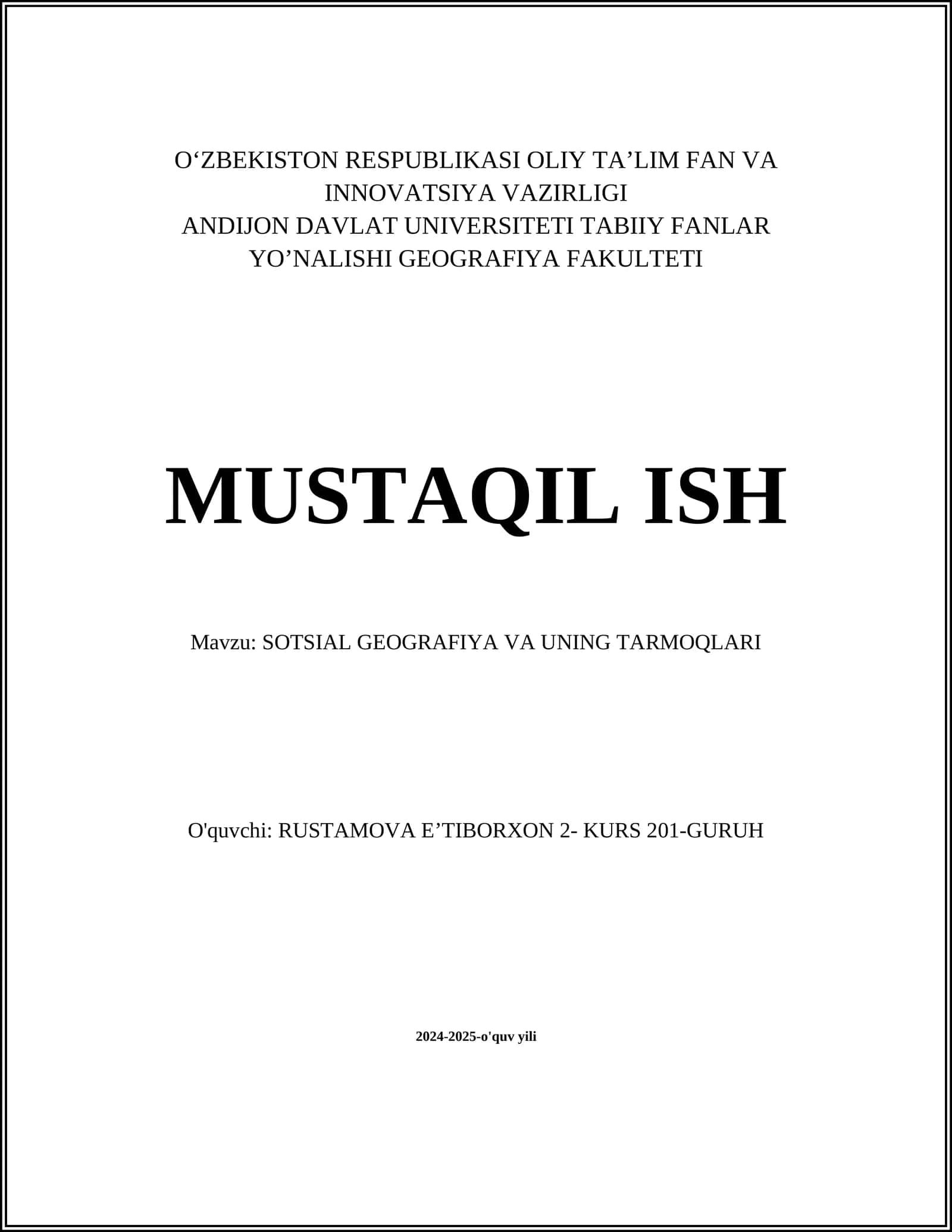 SOTSIAL GEOGRAFIYA VA UNING TARMOQLARI