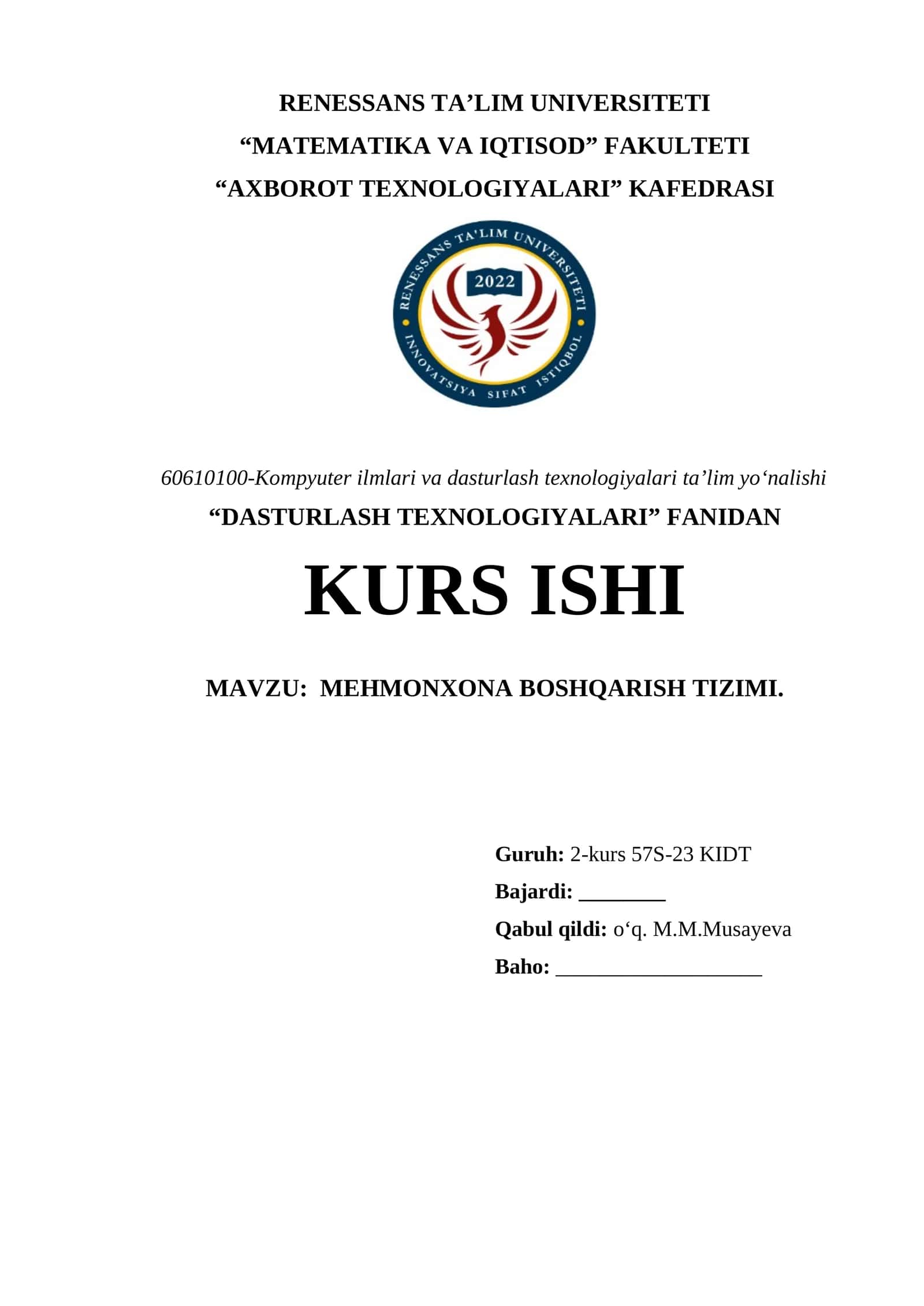 MEHMONXONA BOSHQARISH TIZIMI