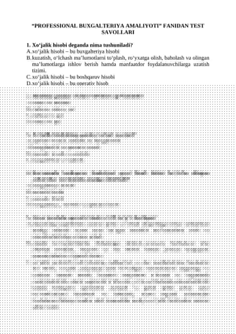 PROFESSIONAL BUXGALTERIYA AMALIYOTI FANIDAN TEST SAVOLLARI