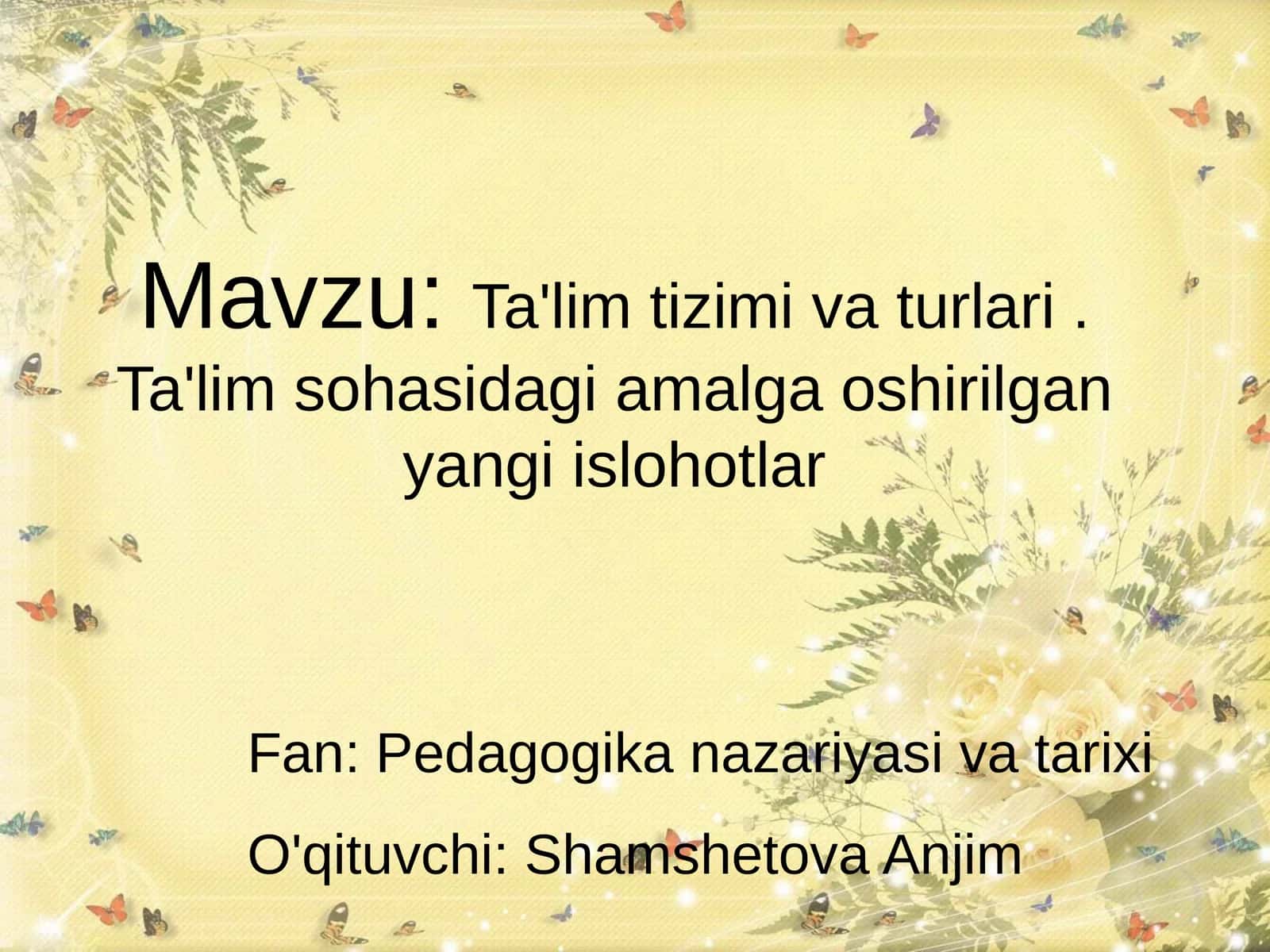 Ta'lim tizimi va turlari. Ta'lim sohasidagi amalga oshirilgan yangi islohotlar