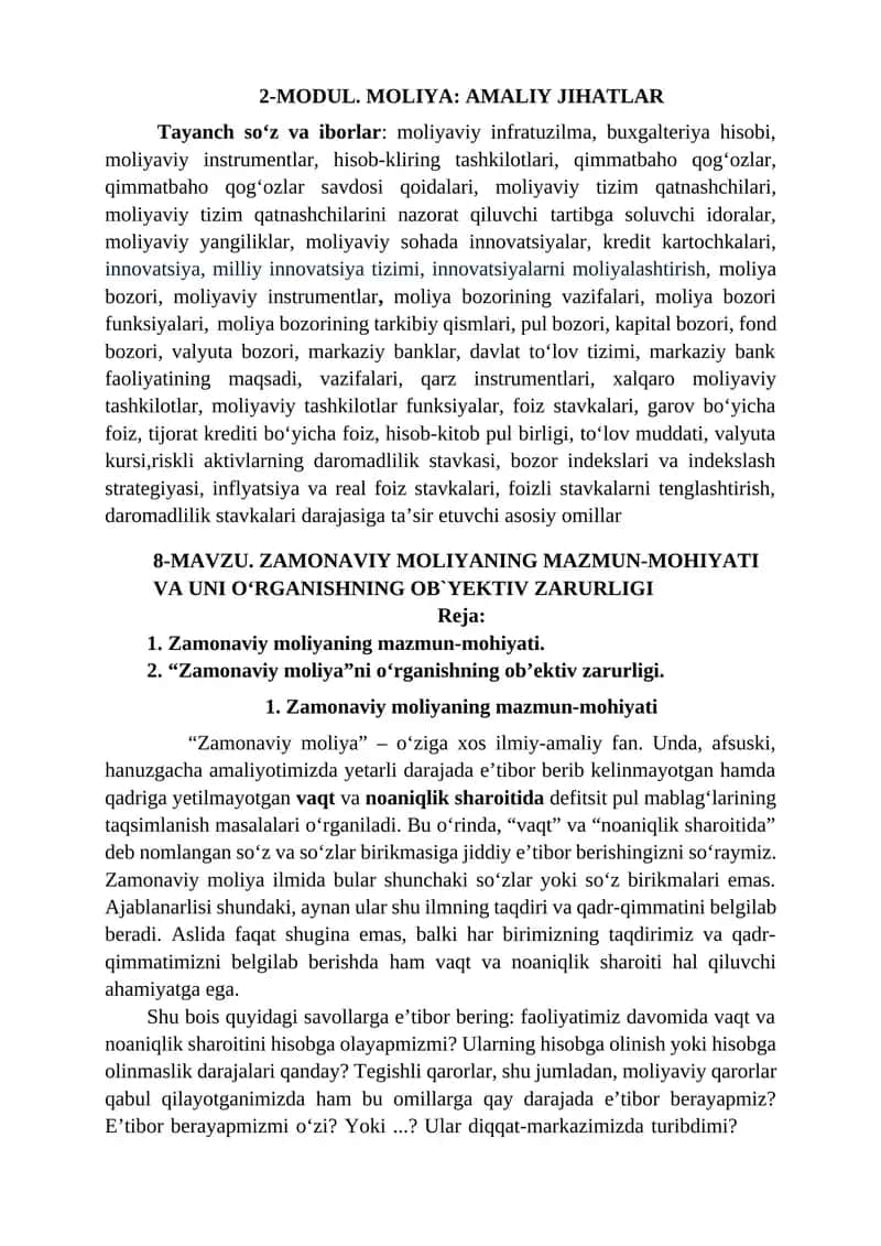 2-MODUL. MOLIYA: AMALIY JIHATLAR