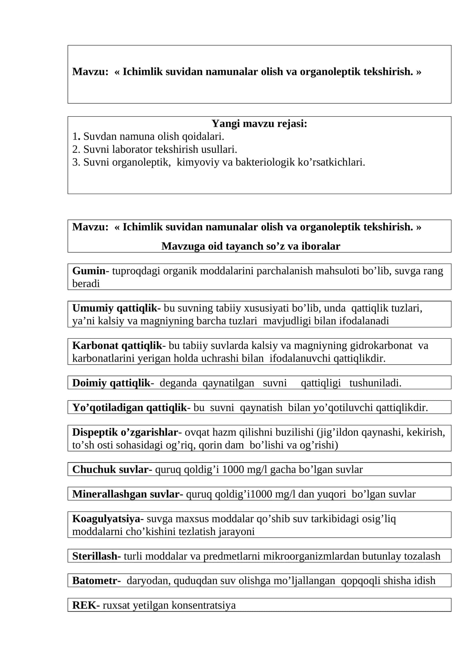 Ichimlik suvidan namunalar olish va organoleptik tekshirish