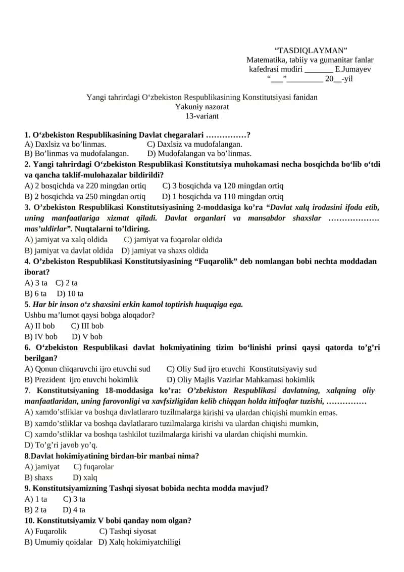 O‘zbekiston Respublikasining Konstitutsiyasi