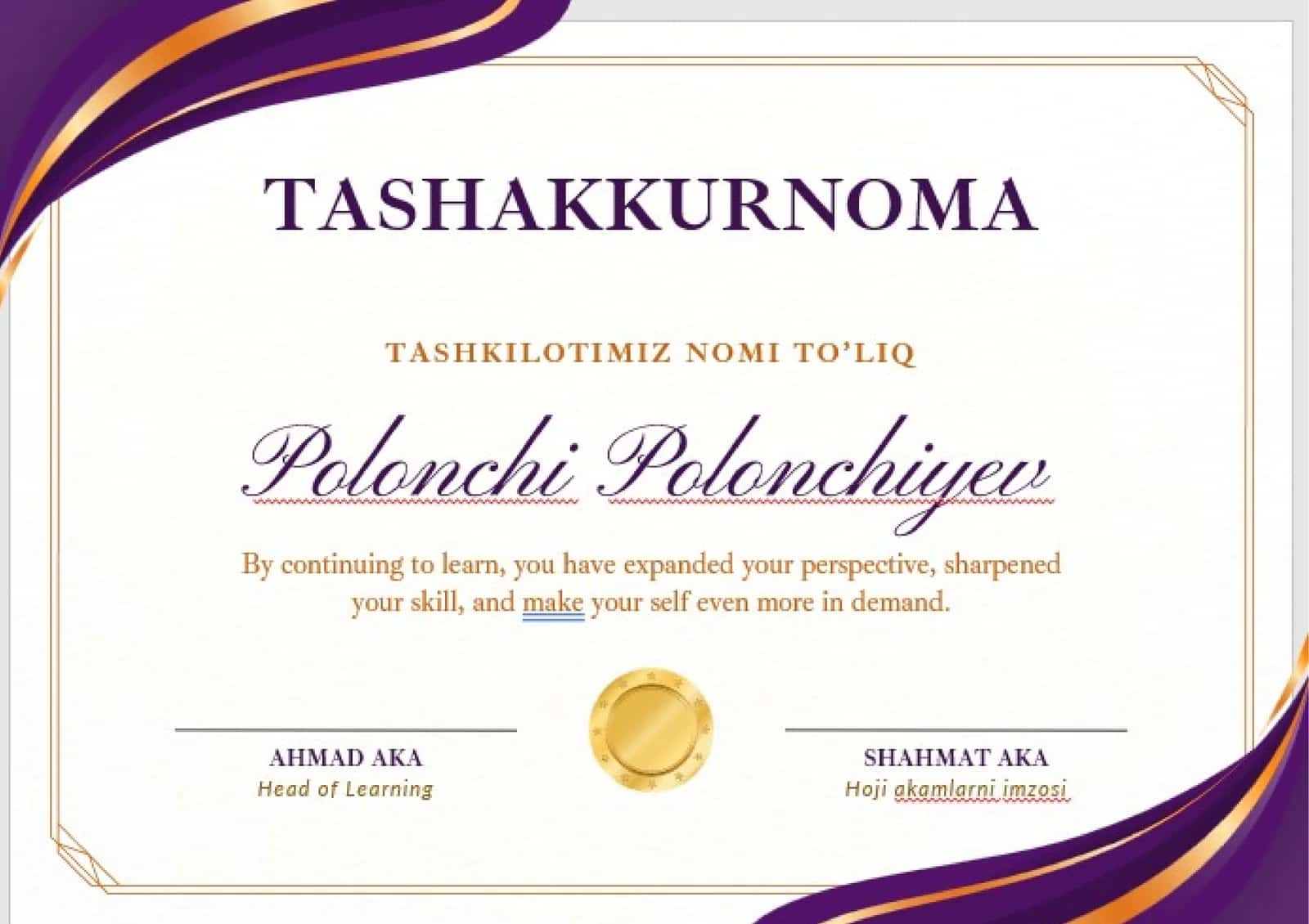 TASHAKKURNOMA