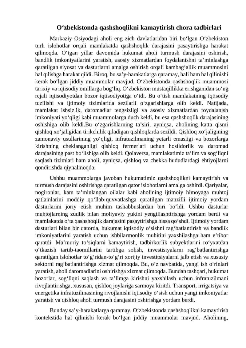 Qashshoqlikni kamaytirish chora tadbirlari