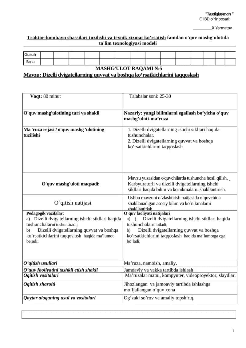 Traktor-kombayn shassilari tuzilishi va texnik xizmat ko’rsatish fаnidan o'quv mashg'ulotida ta'lim texnologiyasi modeli