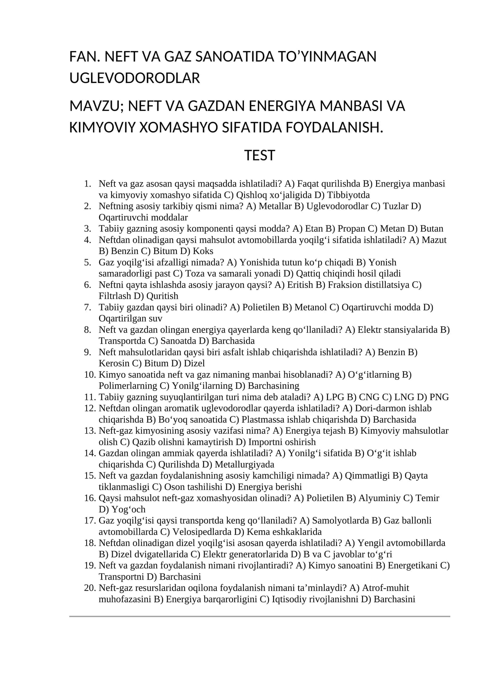 FAN. NEFT VA GAZ SANOATIDA TO’YINMAGAN UGLEVODORODLAR