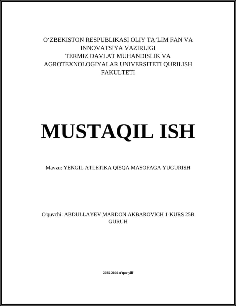 YENGIL ATLETIKA QISQA MASOFAGA YUGURISH