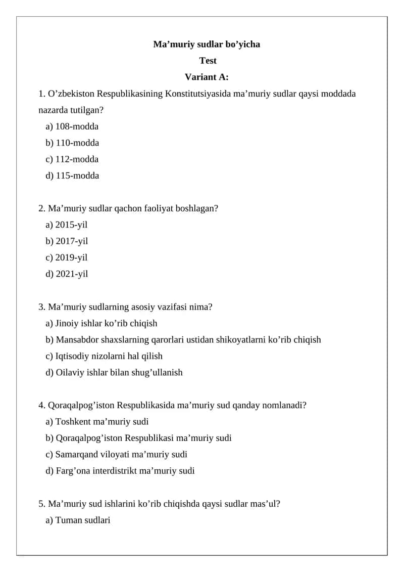 Ma’muriy sudlar bo’yicha Test