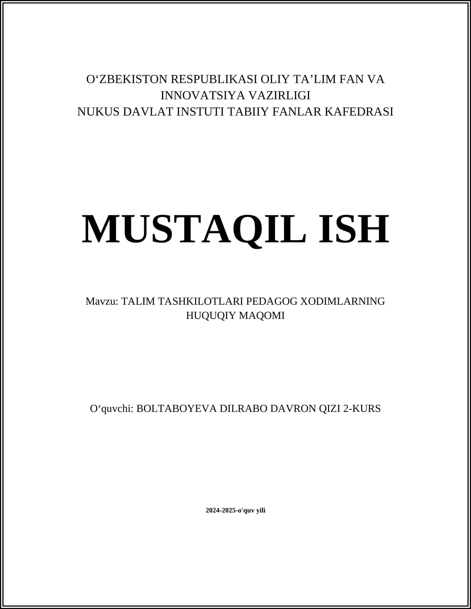 TALIM TASHKILOTLARI PEDAGOG XODIMLARNING HUQUQIY MAQOMI