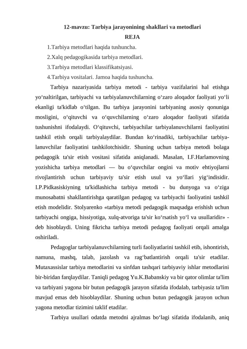 Tarbiya jarayonining shakllari va metodlari