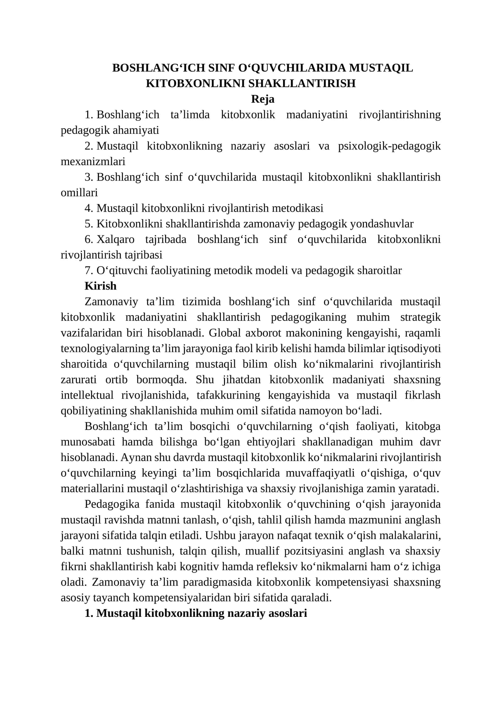 BOSHLANG‘ICH SINF O‘QUVCHILARIDA MUSTAQIL KITOBXONLIKNI SHAKLLANTIRISH