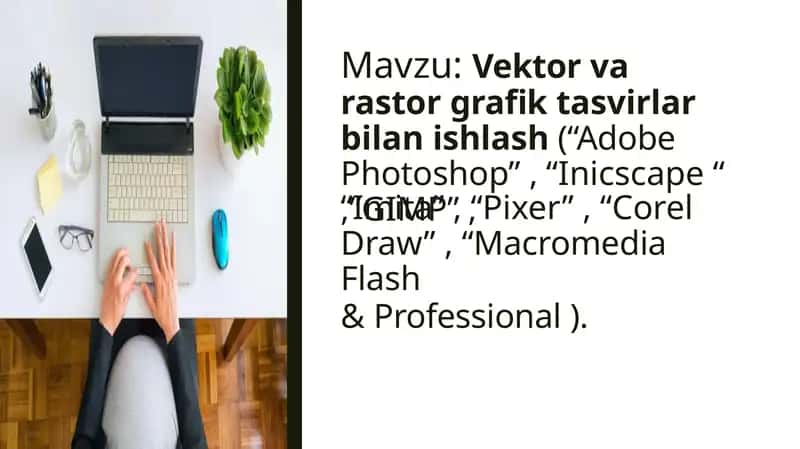 Vektor va rastor grafik tasvirlar bilan ishlash (“Adobe Photoshop” , “Inicscape “ ,”GIMP” , “Imita” , “Pixer” , “Corel Draw” , “Macromedia Flash & Professional )