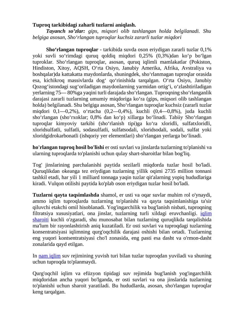 Tuproq tarkibidagi zaharli tuzlarni aniqlash