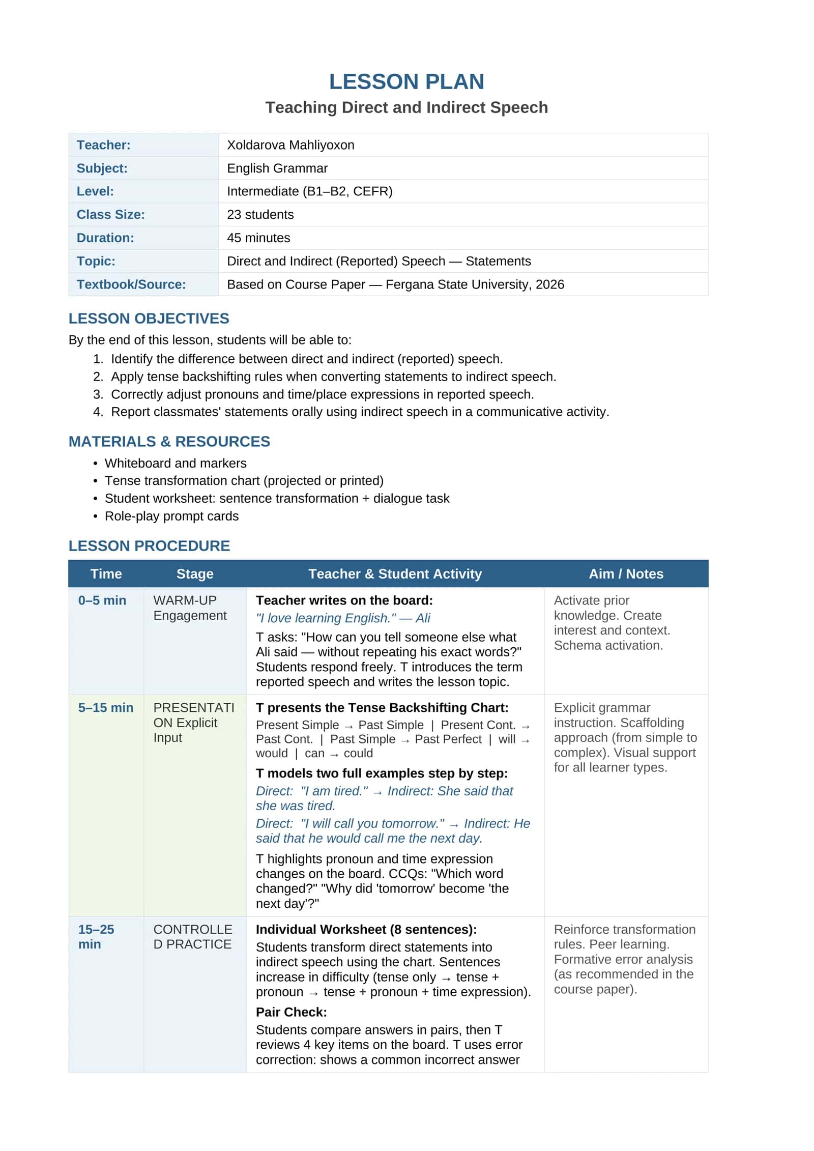 LESSON PLAN Teaching Direct and Indirect Speech