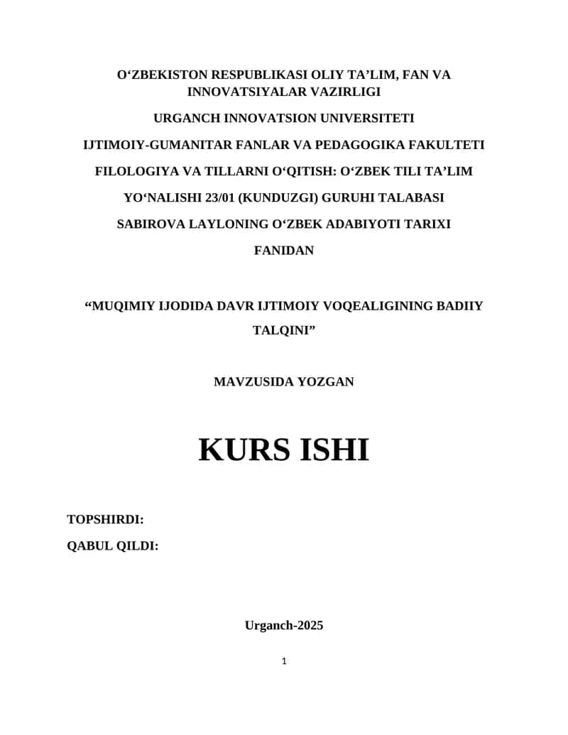 Muqimiy Ijodida Davr Ijtimoiy Voqeliginin Badiyi Talqini